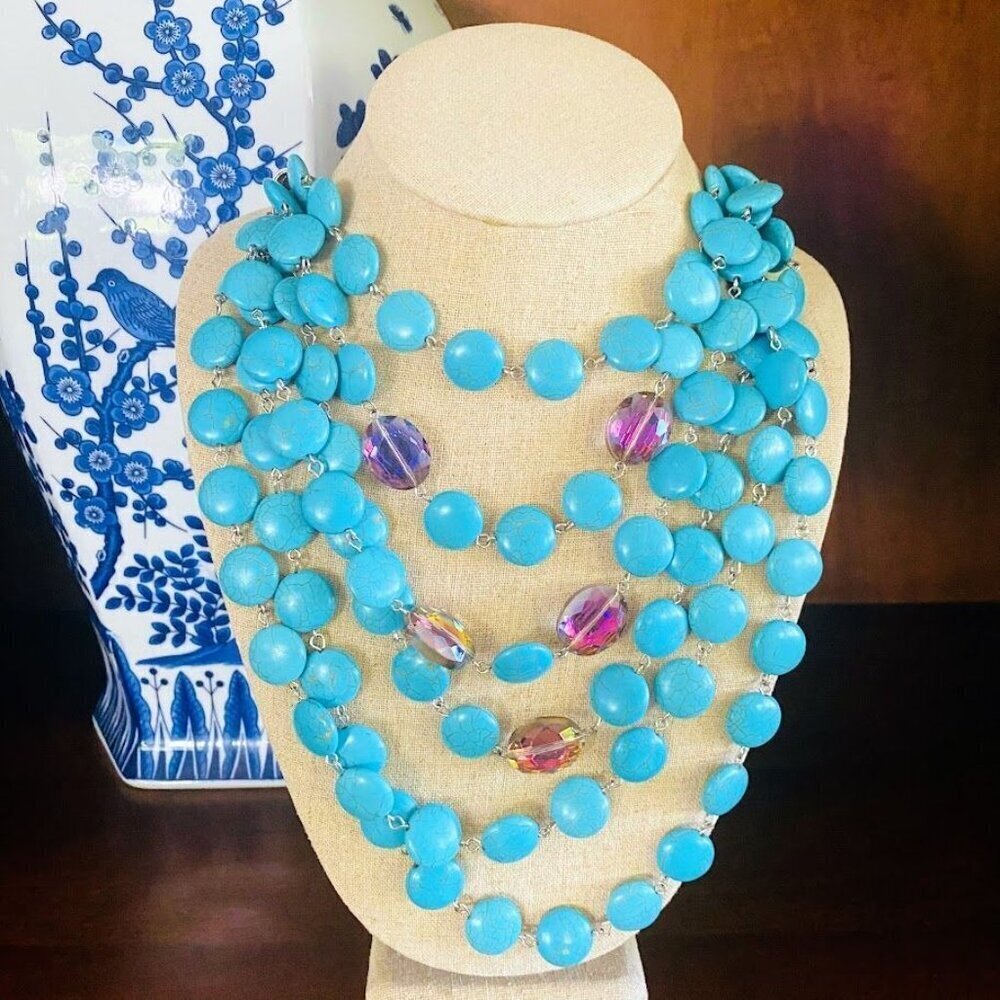 Turquoise Howlite Aurora Borealis Beaded Statement Necklace - Picture 2 of 5